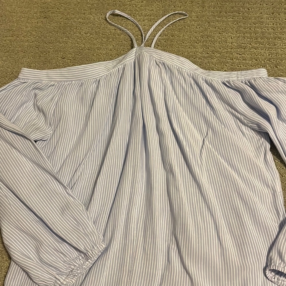 Blue and white striped blouse. Open shoulders